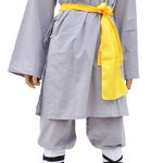 Authentic Gray Cotton Shaolin Kung Fu Monk Uniform with Yellow Sash