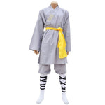 Authentic Gray Cotton Shaolin Kung Fu Monk Uniform with Yellow Sash