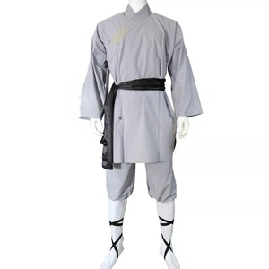 Authentic Gray Cotton Shaolin Kung Fu Monk Uniform with Black Sash